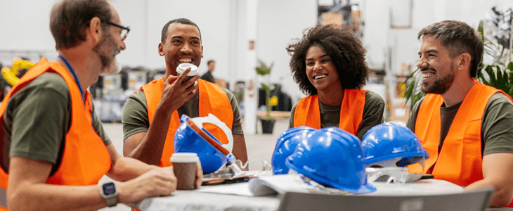 a group of construction workers sit at a table