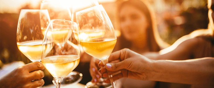 friends clink their glasses together at a winery 