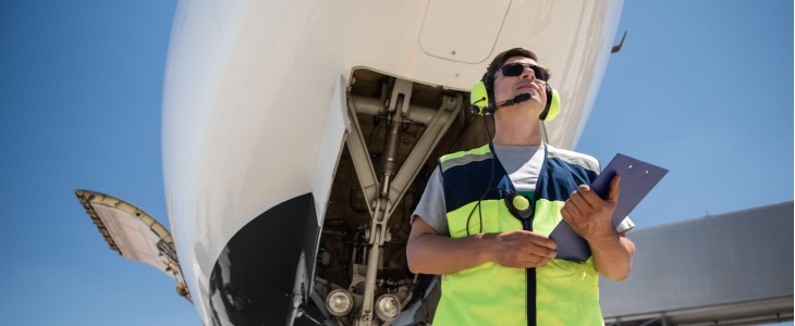 an airport employee stands on the tarmac
